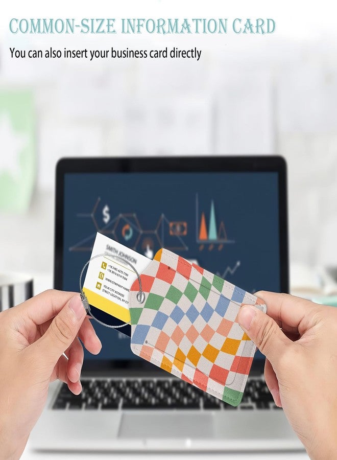 بطاقات أمتعة بنقشة مربعات، بطاقات أمتعة ملونة بتصميم كلاسيكي مموج، طقم من قطعتين، غطاء جلدي للخصوصية مع حلقة من الفولاذ المقاوم للصدأ، مناسبة لحقائب السفر للرجال والنساء - Image 5